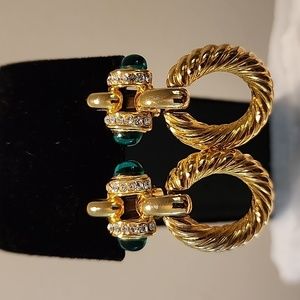 Gripoix Cabochon Emerald &  Rhinestones Door Knocker CLIP-ON Earrings